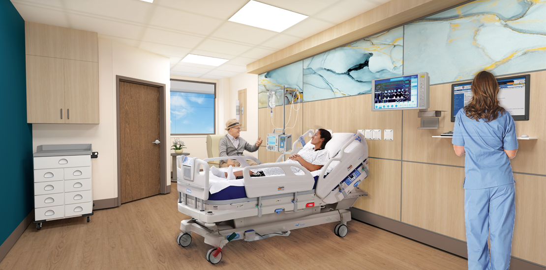 Interior rendering of a modern patient room in the Intensive Care Unit at Rome Health