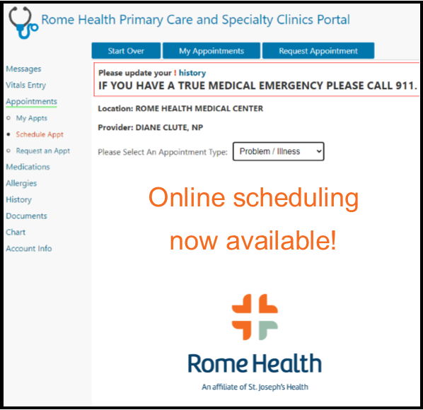Picture of Medent patient portal scheduling menu
