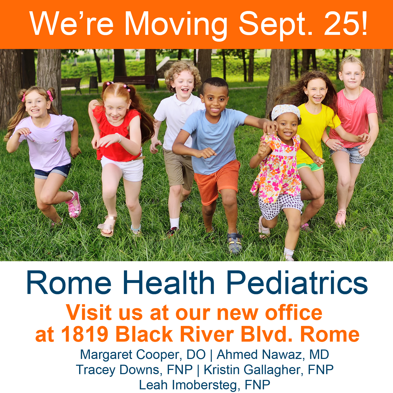 Graphic announcing that Rome Health is moving to 1819 Black River Blvd. Rome, effective Sept. 25, 2023.